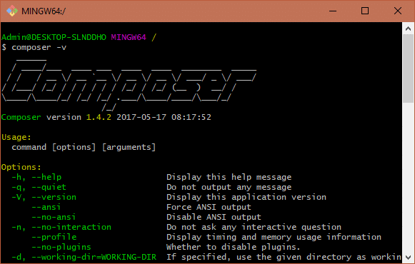 câu lệnh composer trên git bash trên windows 10
