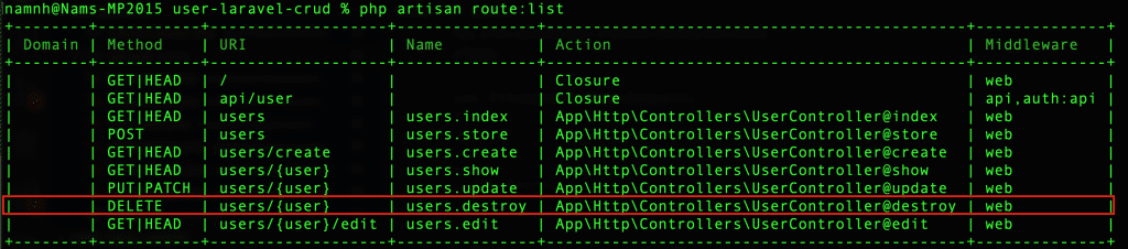 Hình Ảnh Route Delete User Trong Laravel CRUD