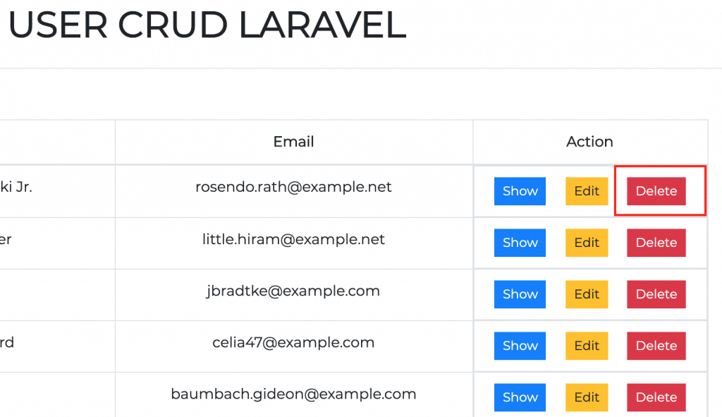 Hình Ảnh Giao Diện Xóa Người Dùng Laravel CRUD