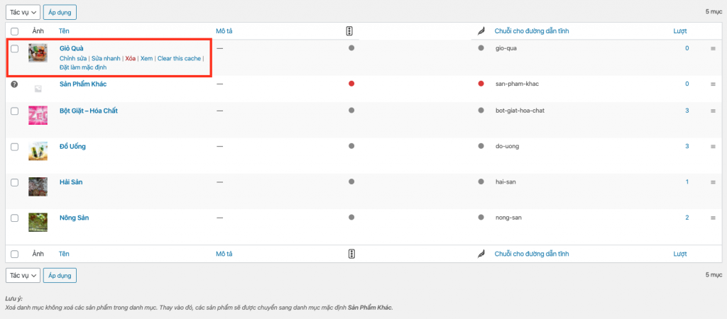 Hình Ảnh Giao Diện Sửa, Xóa Danh Mục Sản Phẩm WooCommerce